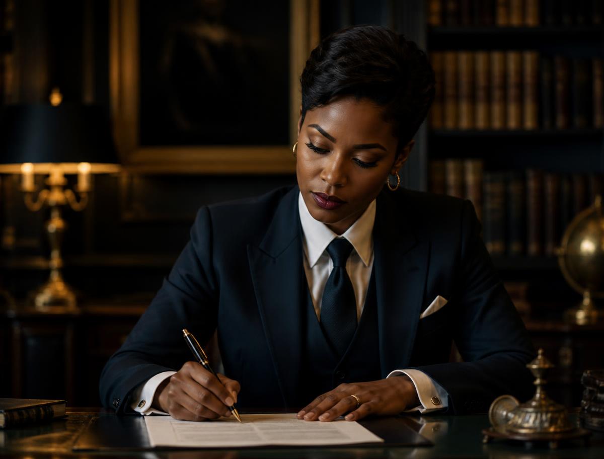 A Black woman in a tailored suit seated at a desk, signing a document with a pen in a dark library